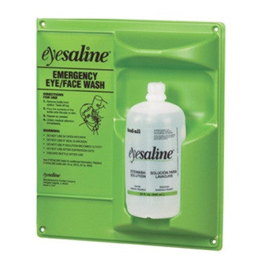 The Honeywell 461 Wall Station, featuring a green wall-mounted design, includes a 32 oz. bottle labeled "Eyesaline Solution." Clear instructions and warnings are printed on the left side of the station.