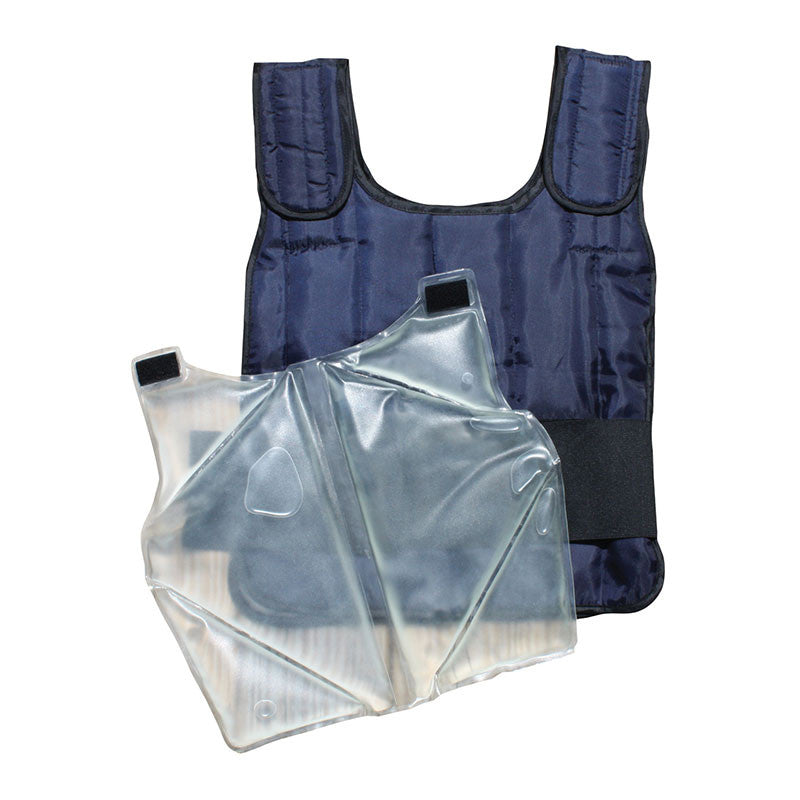 The PIP EZ-Cool Phase Change Cooling Vest System 390-PCVKT1 by Protective Industrial Products is a navy blue vest with black adjustable straps, featuring a transparent ice pack insert for effective thermal energy storage and temperature regulation.