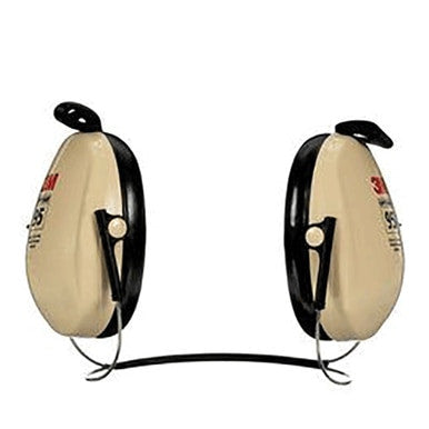 The 3M Peltor Optime 95 Behind-the-Head Earmuffs H6B/V are beige and black over-ear hearing protectors with an adjustable headband. These earmuffs feature a small logo, padded ear cups for comfort, and offer a high Noise Reduction Rating (NRR).