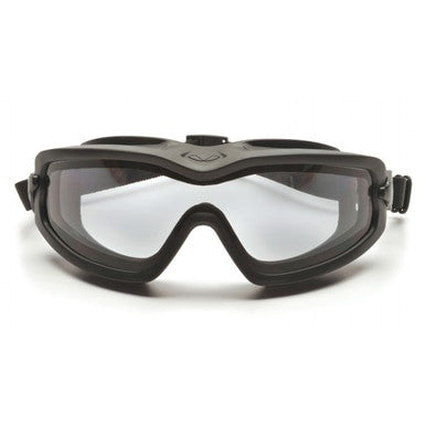 Introducing the Pyramex V2G-XP Hot/Cold Resistant Goggles by Pyramex Safety: These goggles, designed for optimal eye protection, feature a sturdy black frame with clear lenses and an adjustable strap. Enhanced with anti-fogging technology, they offer ballistic protection suitable for various activities requiring eye safety.