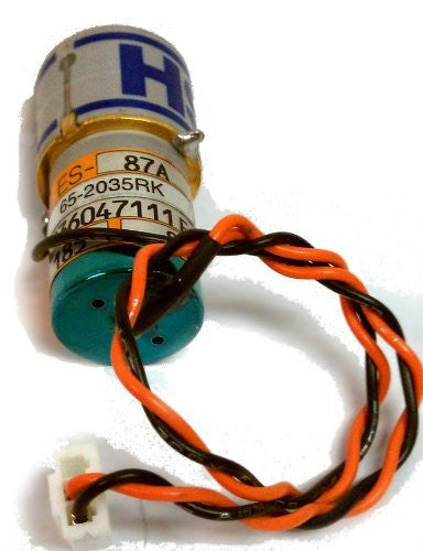 The RKI Eagle Replacement H2S Sensor 65-2035RK, from RKI Instruments, is a compact cylindrical motor featuring a blue end cap and two twisted wires in orange and brown with a white connector. It is designed for precise Hydrogen Sulfide detection as part of the RKI Eagle system.