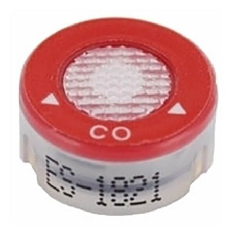 The RKI Carbon Monoxide Replacement Sensor ES-1821 by PK Safety Supply is a small, round sensor designed to fit the GX-2009 multi-gas detector. It features a red top labeled "CO" with a mesh center and white arrows, and "ES-1821" printed in black on the side.