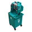 The Aero Healthcare NeutraFlush Gravity Fed Eyewash Station with Drain Cart is a teal-colored, ANSI Z358.1 compliant portable eyewash station on wheels. This gravity-fed unit includes two nozzles labeled "Emergency Eye Wash," along with usage instructions. The base of the unit features a storage compartment clearly marked "Haws Portable Eyewash.