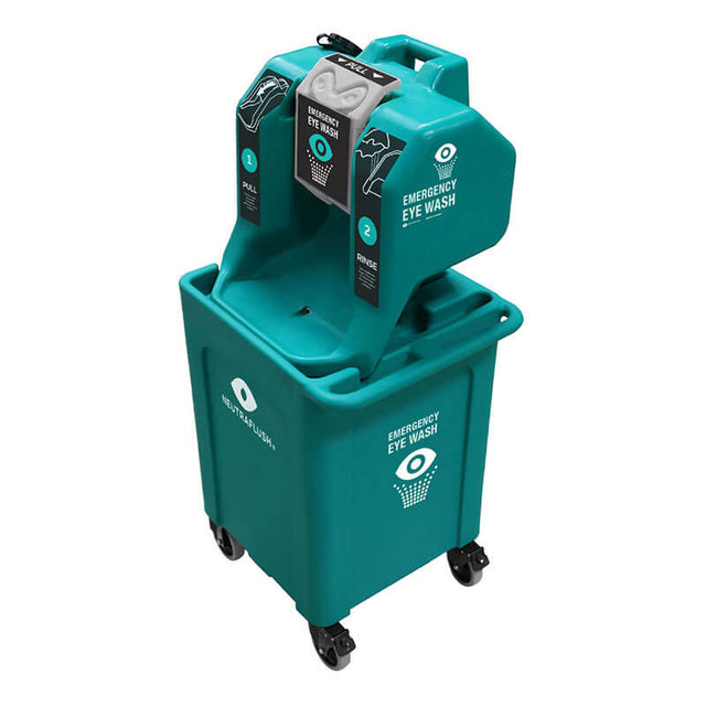 The Aero Healthcare NeutraFlush Gravity Fed Eyewash Station with Drain Cart is a teal-colored, ANSI Z358.1 compliant portable eyewash station on wheels. This gravity-fed unit includes two nozzles labeled "Emergency Eye Wash," along with usage instructions. The base of the unit features a storage compartment clearly marked "Haws Portable Eyewash.