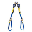 The 3M DBI-SALA Nano-Lok 9ft Tie-Back Twin-Leg Quick Connect SRL by 3M DBI-SALA Fall Protection, in blue and yellow, includes two harness attachments and twin energy-absorbing packs. Equipped with metal hooks at both ends, it securely connects to safety harnesses or anchor points for enhanced safety.