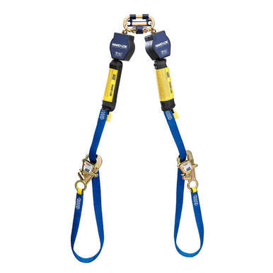 The 3M DBI-SALA Nano-Lok 9ft Tie-Back Twin-Leg Quick Connect SRL by 3M DBI-SALA Fall Protection, in blue and yellow, includes two harness attachments and twin energy-absorbing packs. Equipped with metal hooks at both ends, it securely connects to safety harnesses or anchor points for enhanced safety.