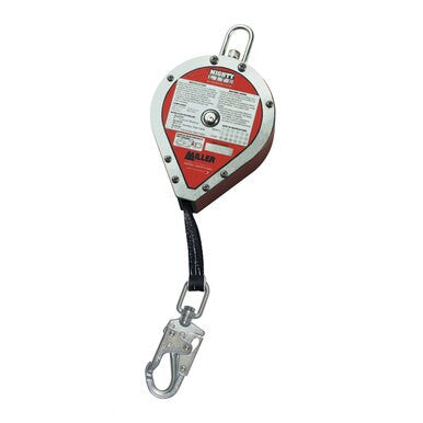 The Miller MightyLite 20 ft. SRL Web Lifeline RL20P-Z7/20FT by Miller Fall Protection is a red and silver self-retracting lifeline with a hook on a black strap, designed specifically for fall protection. It complies with ANSI Z359 standards, featuring a metal casing, informative labels, and a convenient top attachment loop.