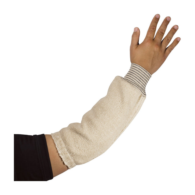 A person wearing a black sleeve shirt features an arm safeguarded by the PIP Heavy Weight Terry Cloth Sleeve 42-215, a beige, textured sleeve cover with a striped cuff from PIP - Protective Industrial Products. This cover stretches from the wrist to the elbow and provides heat protection for activities that demand safety gear.