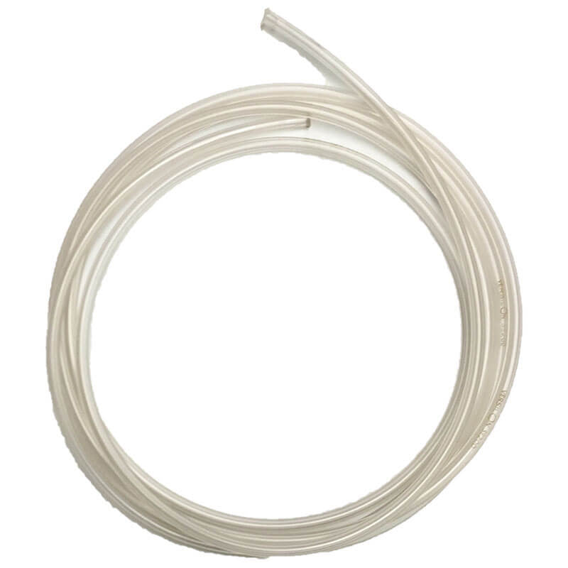 A coiled, transparent mPower POLI MP400 FEP-lined Tubing, per foot M411-0019-000-FCO from mPower Electronics is neatly arranged in a circular shape against a plain white background. With its 1/8" i.d., this flexible, unused tubing is ideal for precision tasks.