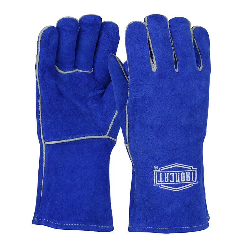 Introducing the PIP Ironcat Split Cowhide Leather Welder's Glove 9012L, a pair of blue protective gloves from the PIP - Protective Industrial Products brand. Designed with aramid stitching for enhanced durability, these gloves are tailored for ladies and feature a distinct logo on the right glove. Perfectly suited for demanding applications such as welding and other similar tasks.