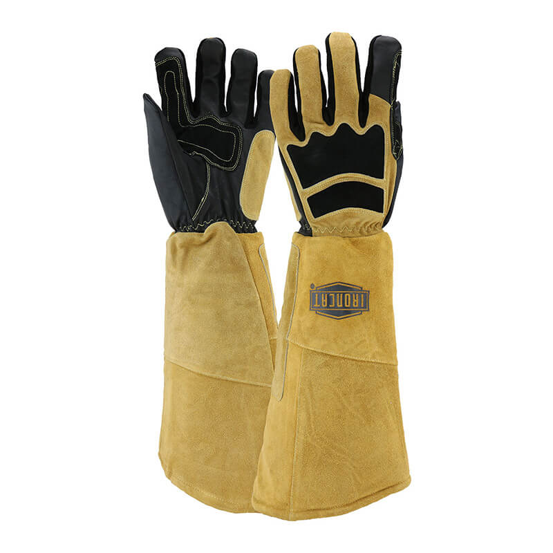 The PIP Ironcat Premium Goatskin/Cowhide Climax Welder's Gloves by Protective Industrial Products are crafted with black fingers and a palm, featuring Kevlar stitching for enhanced durability. These gloves are further reinforced with additional stitching and include a logo patch, ensuring optimal protection for both hands and forearms.