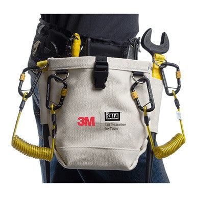 The tool belt includes a beige Python Safety Utility Pouch 1500132 from 3M DBI-SALA Fall Protection, designed to prevent drops. It is equipped with D-Rings secured by black clips and yellow safety cords. A large wrench fits inside the pouch, and the whole setup can be comfortably worn around the waist.