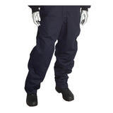 A mannequin dressed in PIP Navy 8.5 Cal Dual Certified ARC/FR Coverall 9100-2160D, black shoes, and showing silver-colored hands stands against a white background.