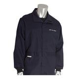 A silver, featureless mannequin wears a PIP Navy 8.5 Cal Dual Certified ARC/FR Coverall 9100-2160D with a collar, front zipper, chest patch, and waist tag.