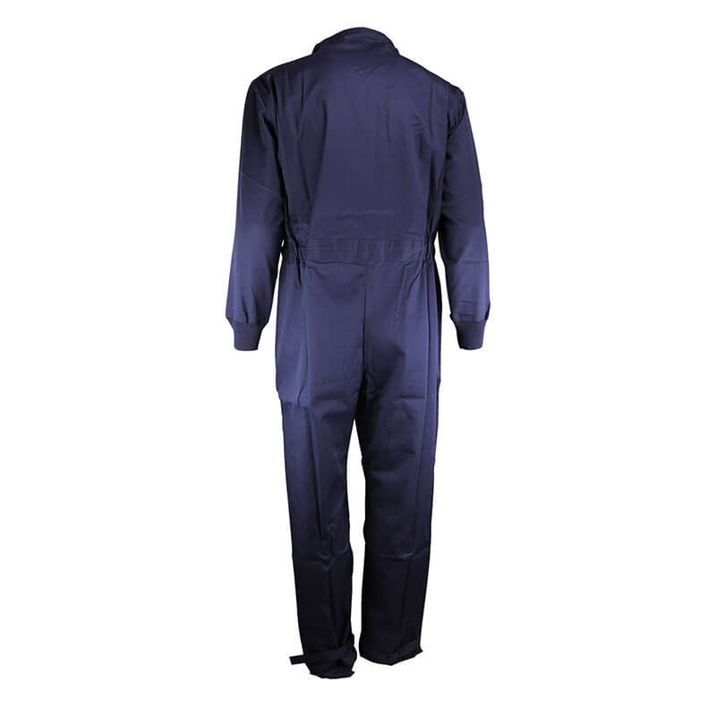 The PIP Navy 8.5 Cal Dual Certified ARC/FR Coverall 9100-2160D is shown from the back with a collar, elastic waistband, and cuffed sleeves and ankles.