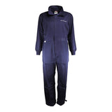 The PIP Navy 8.5 Cal Dual Certified ARC/FR Coverall 9100-2160D, featuring long sleeves, a front zipper, cuffed wrists, and a collar, is displayed against a white background.