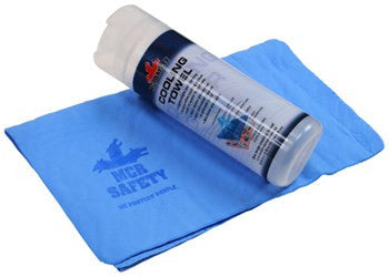 A rolled MCR Blue PVA Cooling Towel CGT03, treated with advanced anti-microbial properties, is partially unwrapped from its packaging. The packaging prominently displays the "MCR Safety" brand and emphasizes the towel's evaporative cooling features. The vibrant blue towel is adorned with the MCR Safety logo.