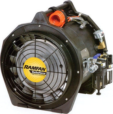 The Euramco RamFan Air Driven 12 in. Intrinsically Safe Blower AFi75XX, featuring a black casing with a yellow center and metal grate, comes equipped with a pressure gauge and an orange coiled hose. This blower is perfect for hazardous work environments requiring industrial ventilation.