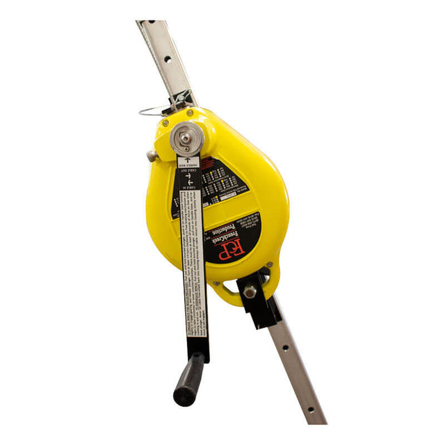 A French Creek Production product, the 50ft Galvanized Rescue SRL R50G, is securely attached to a metal beam. This yellow manual cable puller with its black handle features a visible label and measurement guide on its body for precise use. Its galvanized design ensures durability in challenging situations.