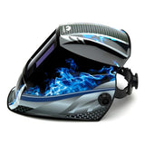 The LEADHEAD Auto Darkening Helmet - Fire Metal WHAM3030FM by Pyramex Safety showcases a sleek, impact-resistant design adorned with blue flame patterns set against a black and silver backdrop. This futuristic and stylish welding helmet includes an auto-darkening feature, a viewing window, and adjustable straps for optimal comfort.