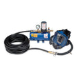 The Allegro 1 Worker Full Face Mask Airline Respirator System from Allegro features a full-face mask connected by a long, coiled black hose to provide exceptional respiratory protection and clean air delivery. It includes a pressure gauge and cylinder mounted on a blue base.