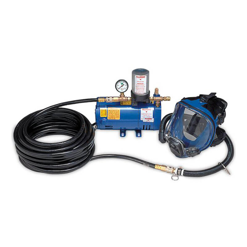 The Allegro 1 Worker Full Face Mask Airline Respirator System from Allegro features a full-face mask connected by a long, coiled black hose to provide exceptional respiratory protection and clean air delivery. It includes a pressure gauge and cylinder mounted on a blue base.