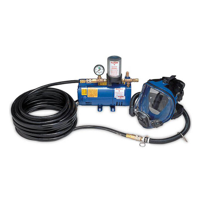 The Allegro 1 Worker Full Face Mask Airline Respirator System from Allegro features a full-face mask connected by a long, coiled black hose to provide exceptional respiratory protection and clean air delivery. It includes a pressure gauge and cylinder mounted on a blue base.