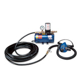 The Allegro 1 Worker Half Mask Airline Respirator System from Allegro is a low-pressure respiratory protection setup that includes an air compressor system with a pressure gauge, connected to a hose and breathing mask. This supplied air system is displayed on a clean white background.