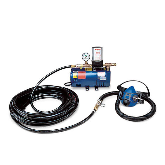 The Allegro 1 Worker Half Mask Airline Respirator System from Allegro is a low-pressure respiratory protection setup that includes an air compressor system with a pressure gauge, connected to a hose and breathing mask. This supplied air system is displayed on a clean white background.