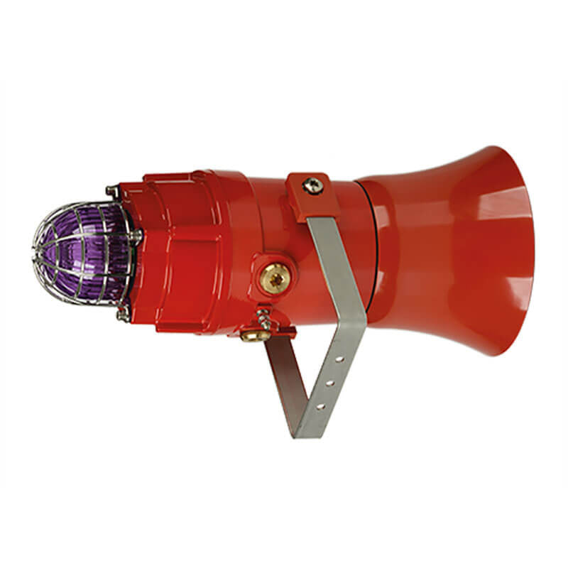 The RKI Horn/Xenon Red Strobe, 24 VDC (Class I, Division 1) by RKI Instruments is a red industrial emergency siren with a conical shape and metallic stand that includes a protective cage over the Xenon Red Strobe, indicating its use as an alarm or signal device for hazardous locations.