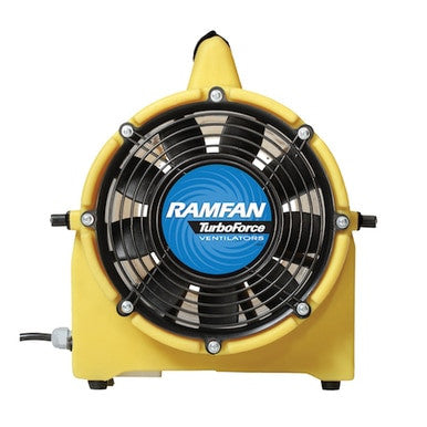 The RamFan UB20 8 in. 115V Blower and Exhauster from Euramco is a yellow industrial fan featuring a blue and black front grille. It prominently displays the "RAMFAN TurboForce Ventilators" logo. A power cord can be seen on the left side, making this high-pressure axial blower an essential portable solution for any demanding environment.