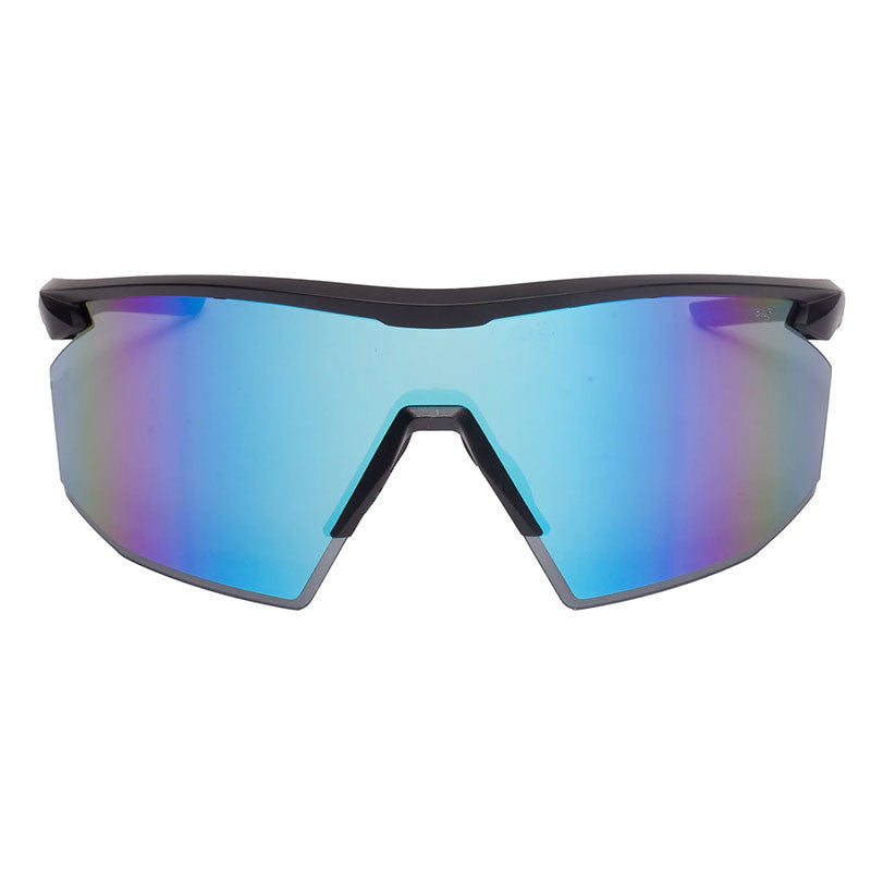 Introducing the Pyramex PMXSPEC Blue Mirror Safety Glasses SB11265ST from Pyramex Safety, featuring a sleek black frame and blue reflective lenses that provide UV protection. The gradient tint not only boosts style but also enhances safety, making these glasses perfect for outdoor athletic activities. Designed with an aerodynamic silhouette, they are both fashion-forward and effective in shielding your eyes from harmful rays. Available in a box of 12.