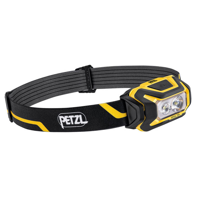 The Petzl ARIA 2R Rechargeable Headlamp E071AA00, in yellow and black, is designed with durable proximity lighting and features an adjustable strap with yellow accents and the Petzl logo in white. Its dual LED lights and top power button make it ideal for outdoor activities.