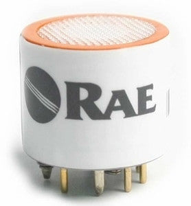 The RAE Systems NO Sensor 008-1114-000 is a white cylindrical replacement gas sensor designed for detecting nitric oxide. It features the brand name "RAE" on its side, an orange top, and metal prongs underneath.