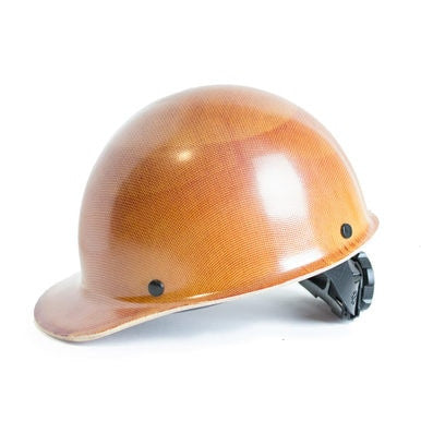 The natural tan MSA Skullgard Hard Cap, model 475395, comes with a textured surface and is equipped with Fas-Trac suspension alongside a black adjustable strap for sizing. It is expertly designed to withstand radiant heat loads.