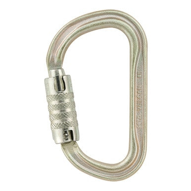 The Petzl VULCAN Triact-Lock Carabiner M073CA00 is a high-strength, oval-shaped carabiner in silver with a locking mechanism, designed for climbing and safety tasks, depicted against a plain white background.