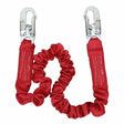 The Protecta PRO Stretch Shock Absorbing Lanyard 1340101 by 3M DBI-SALA Fall Protection is a red safety lanyard featuring two silver metal hooks at each end. It includes elastic segments for enhanced stretchability and fall protection, along with safety stitching to ensure durability.