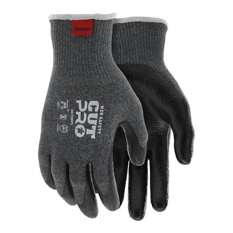 A pair of MCR Safety CutPro 13g Nomex Arc Rated Gloves 9379BP, gray with black coated palms and "CUT PRO" and "Nomex" labeled on the wrist, shown against a white background. Sold as 12 pairs.
