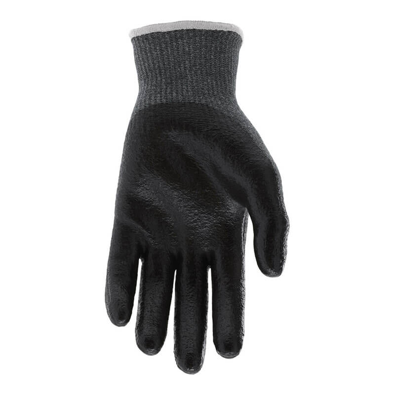 The MCR Safety CutPro 13g Nomex Arc Rated Gloves 9379BP are black, textured, cut-resistant gloves with a gray cuff, coated for improved grip and protection. Sold in packs of 12 pairs.
