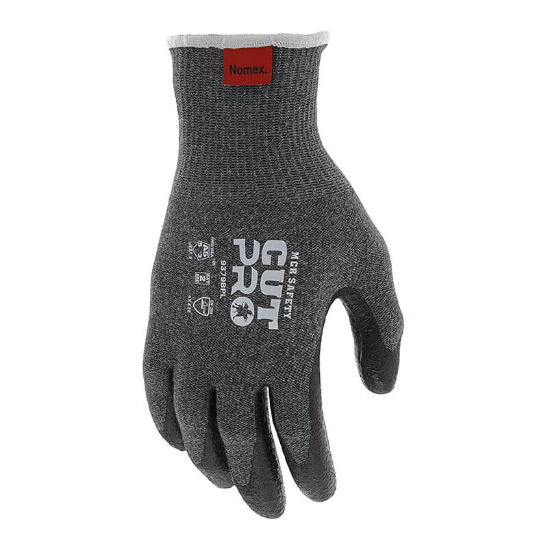 The MCR Safety CutPro 13g Nomex Arc Rated Glove (9379BP) is a dark gray, cut-resistant glove with black fingertips and palm, featuring white logos on the back and a red "Nomex" tag at the cuff for safety assurance. Sold in packs of 12 pairs.