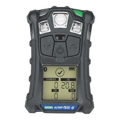 The MSA ALTAIR 4XR Multigas Detector 10178557, in black, features a digital display that offers real-time incident awareness by monitoring CO, H2S, and O2 levels. Equipped with MSA XCell sensors for enhanced accuracy, it has buttons located below the screen and LED indicators at the top. The label "MSA ALTAIR" is positioned at the bottom for easy identification.