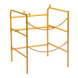 The Allegro Easy Store Steel Manhole Guard Rail, 9401, from PK Safety Supply is a safety yellow metal cage featuring four vertical bars and horizontal chains. It provides ideal protection around machinery or equipment by offering a secure solution that combines high visibility with robust safety measures.