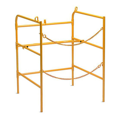 The Allegro Easy Store Steel Manhole Guard Rail, 9401, from PK Safety Supply is a safety yellow metal cage featuring four vertical bars and horizontal chains. It provides ideal protection around machinery or equipment by offering a secure solution that combines high visibility with robust safety measures.
