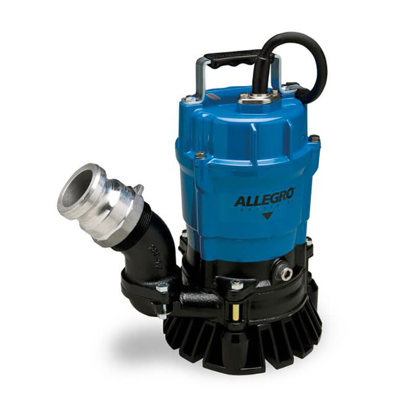 The Allegro Sludge Dewatering Pump 9404-04 by Allegro showcases a striking blue design with a black base and chrome outlet pipe, engineered for high volume discharge. Its portable design is complemented by a sturdy handle on top, ensuring easy transport.