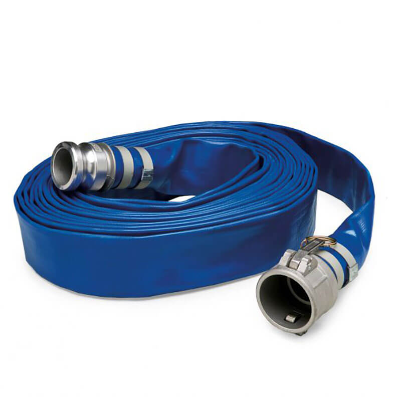 An Allegro 50 ft. Discharge Hose for Dewatering Sludge Pumps 9404-50, featuring a coiled blue design with silver metal connectors on both ends, rests on a plain white background, ideal for use with dewatering pumps.