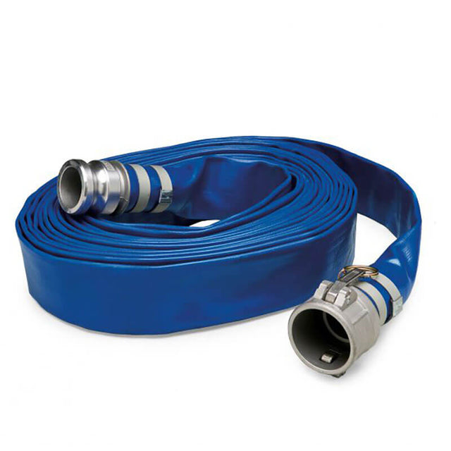 An Allegro 50 ft. Discharge Hose for Dewatering Sludge Pumps 9404-50, featuring a coiled blue design with silver metal connectors on both ends, rests on a plain white background, ideal for use with dewatering pumps.