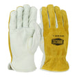 A pair of work gloves, one brown and one light grey, expertly crafted from durable cowhide leather. The brown glove is marked with the "PIP - Protective Industrial Products" brand on the back and features a keystone thumb design, while the grey glove displays its palm side. These are from the PIP Ironcat Split Leather Drivers Glove 9414 line (12 pairs).