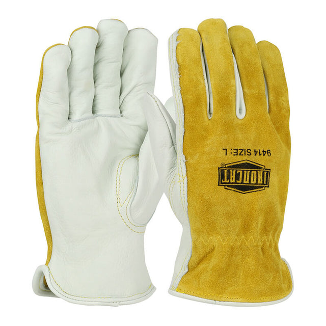 A pair of work gloves, one brown and one light grey, expertly crafted from durable cowhide leather. The brown glove is marked with the "PIP - Protective Industrial Products" brand on the back and features a keystone thumb design, while the grey glove displays its palm side. These are from the PIP Ironcat Split Leather Drivers Glove 9414 line (12 pairs).
