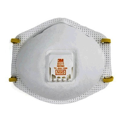 Close-up of a 3M 8511 N95 General Use Respirator with yellow elastic straps. This mask, clearly marked "N95" and branded by "3M," includes an exhalation valve for improved breathability against its white backdrop.