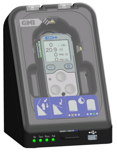 The Teledyne ABC Bump/Calibration Station 64052Q by Teledyne Gas & Flame showcases the PS200 portable gas detector. The screen displays readings for gases such as LEL and CO, with indicator lights at the bottom indicating power and testing status.